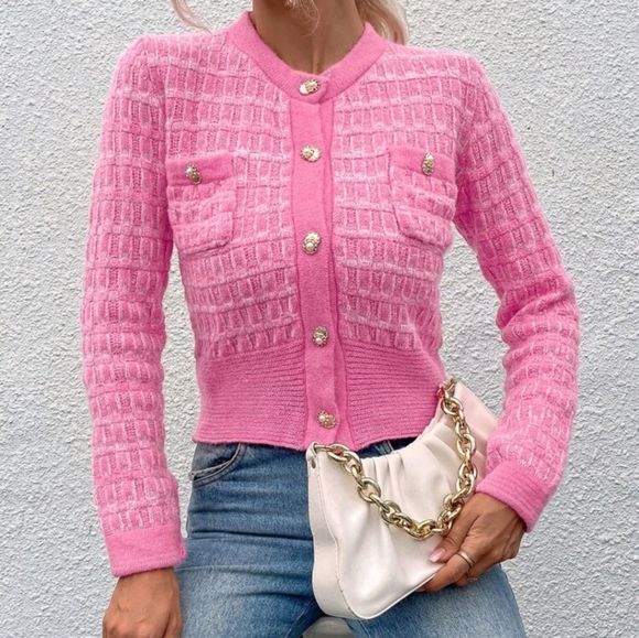 New Chic Tweed Knit Button Up Crop Cardigan Sweater Top Jacket Barbie Pink White - Picture 3 of 7